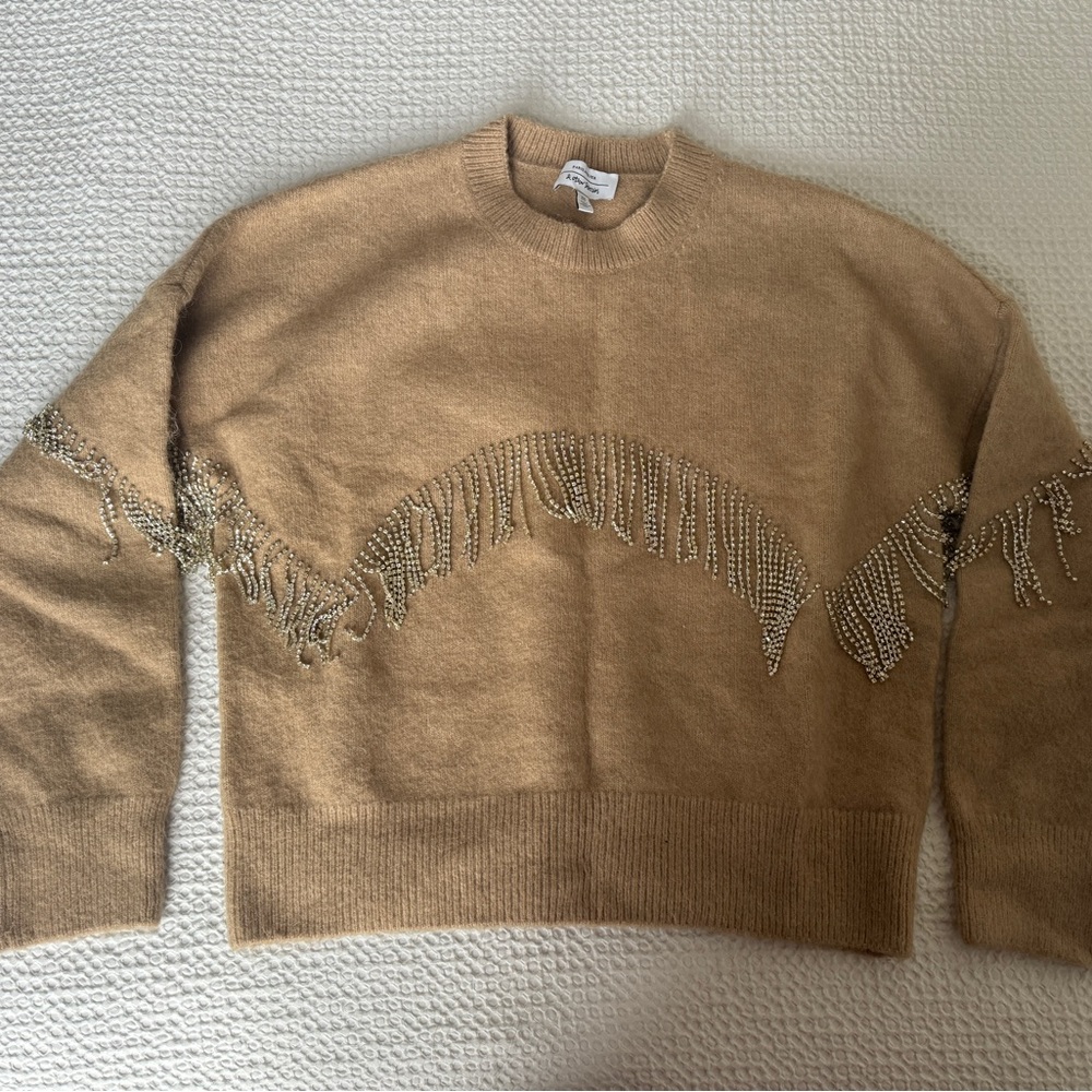 & Other Stories Tan Crew Neck Sweater with Fringe